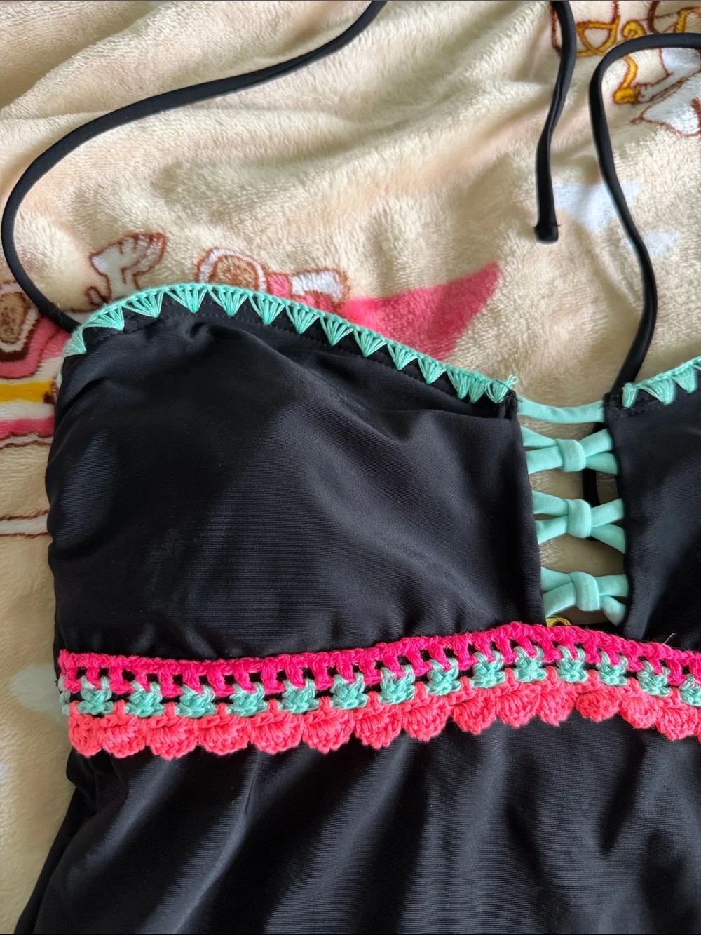Y2K Small Crochet Black Swim Tankini Top Mint & Coral Trim Beach Summer
